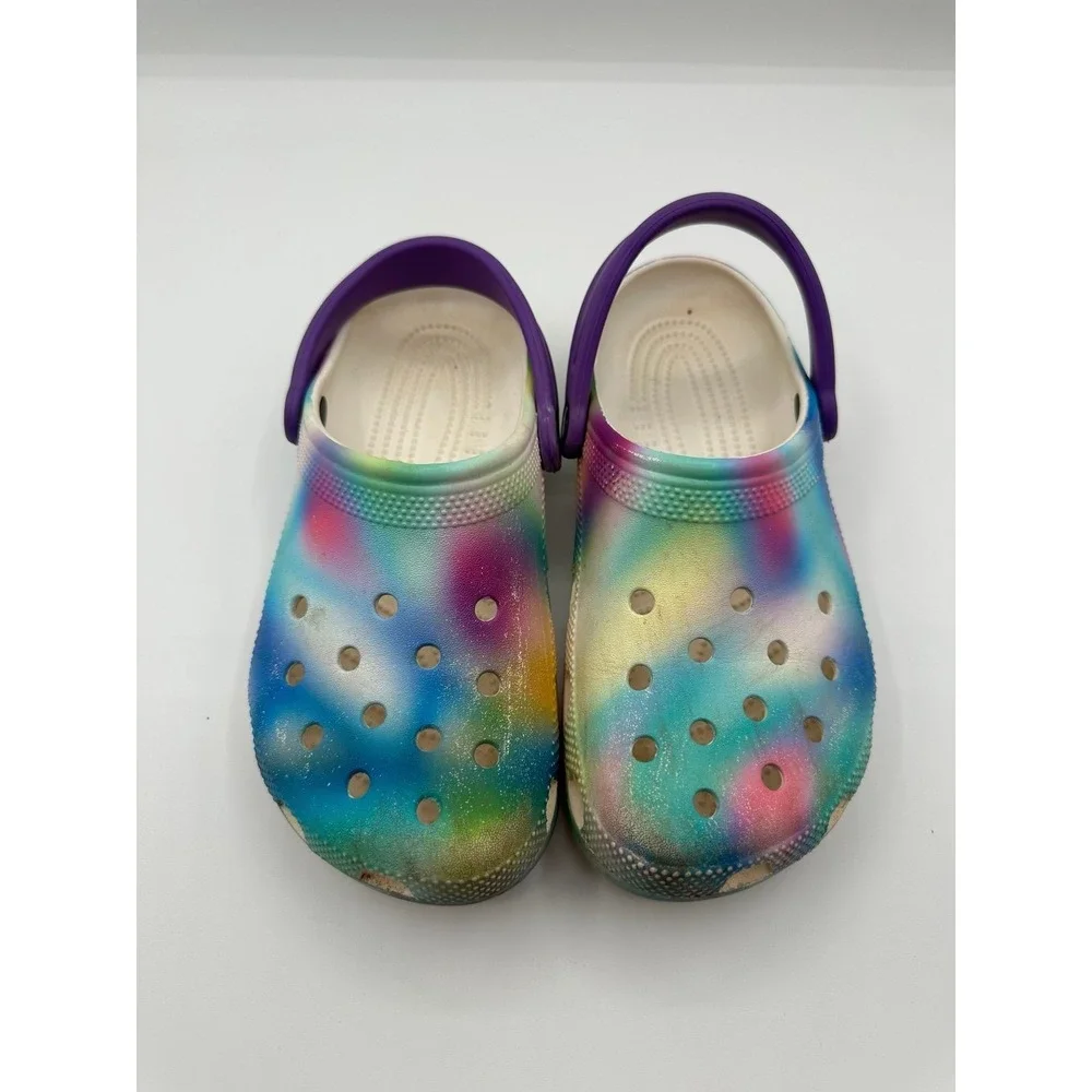 Crocs Kids Classic Tie Dye Glitter Clogs Multi Color Purple Strap Junior Size 5